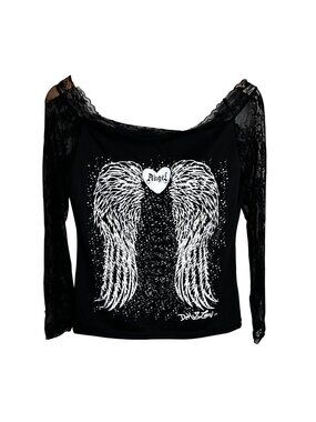 DEMI LOON Black Sheer Lace Sleeves Angel Wings Peekaboo Front Top Baddie S